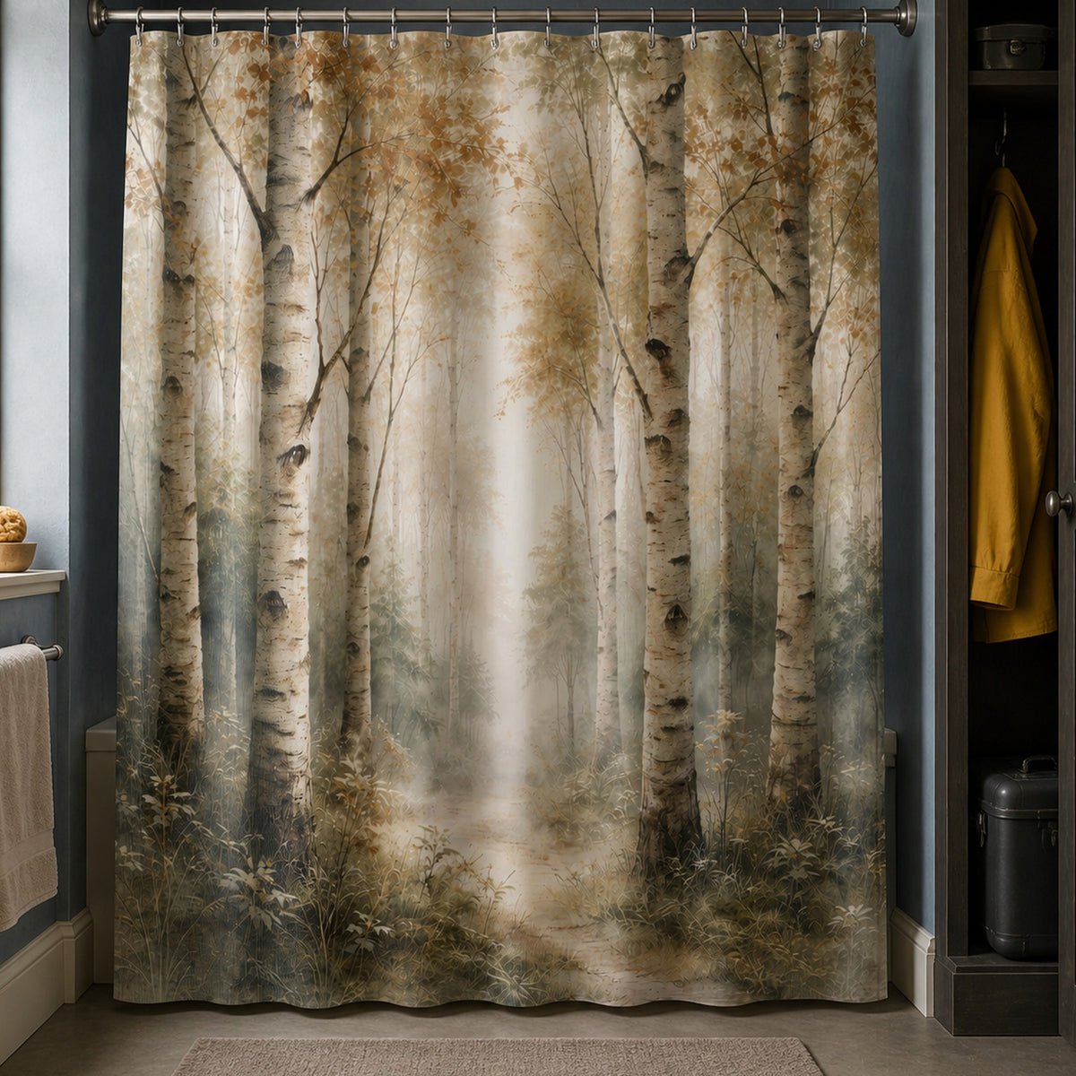Beige and sage birch forest shower curtain in a dusty-blue ecologist bathroom