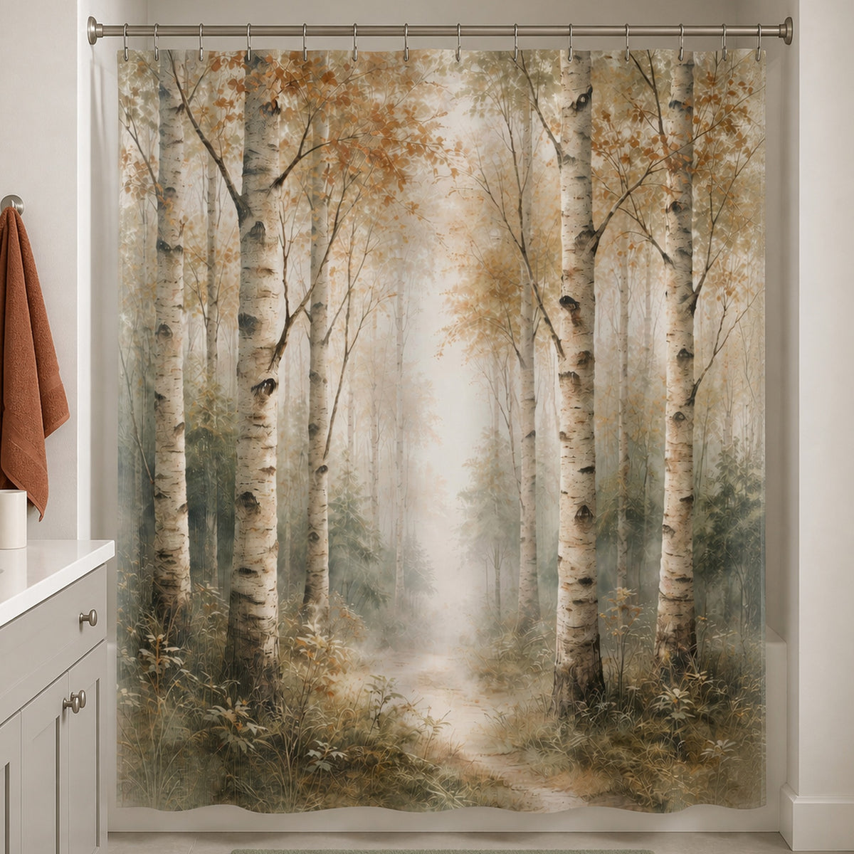 Beige and sage birch forest shower curtain in a warm-white everyday bathroom