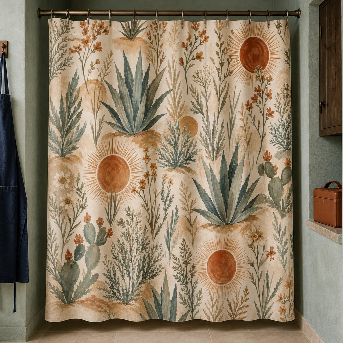 Southwestern cactus shower curtain in a high desert washroom with turquoise plaster and indigo apron