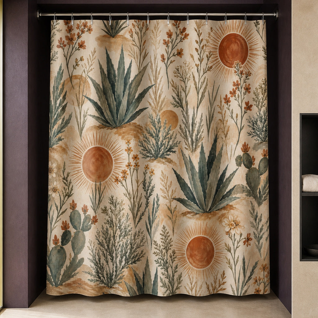 Southwestern cactus shower curtain in a midnight violet designer bathroom with citron glass and pale sand stone
