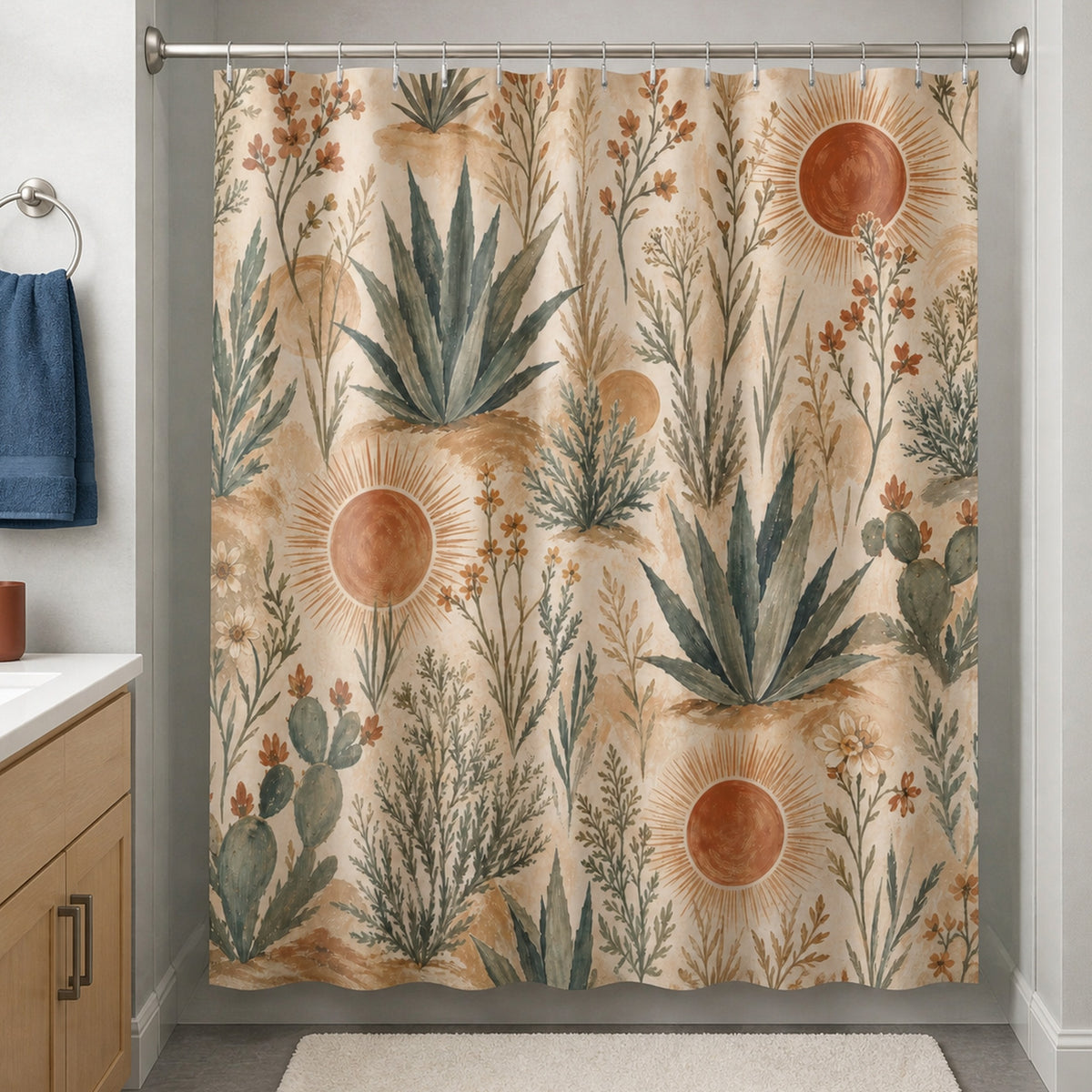 Southwestern cactus shower curtain in a pale gray bathroom with maple vanity, denim towel, and rust cup