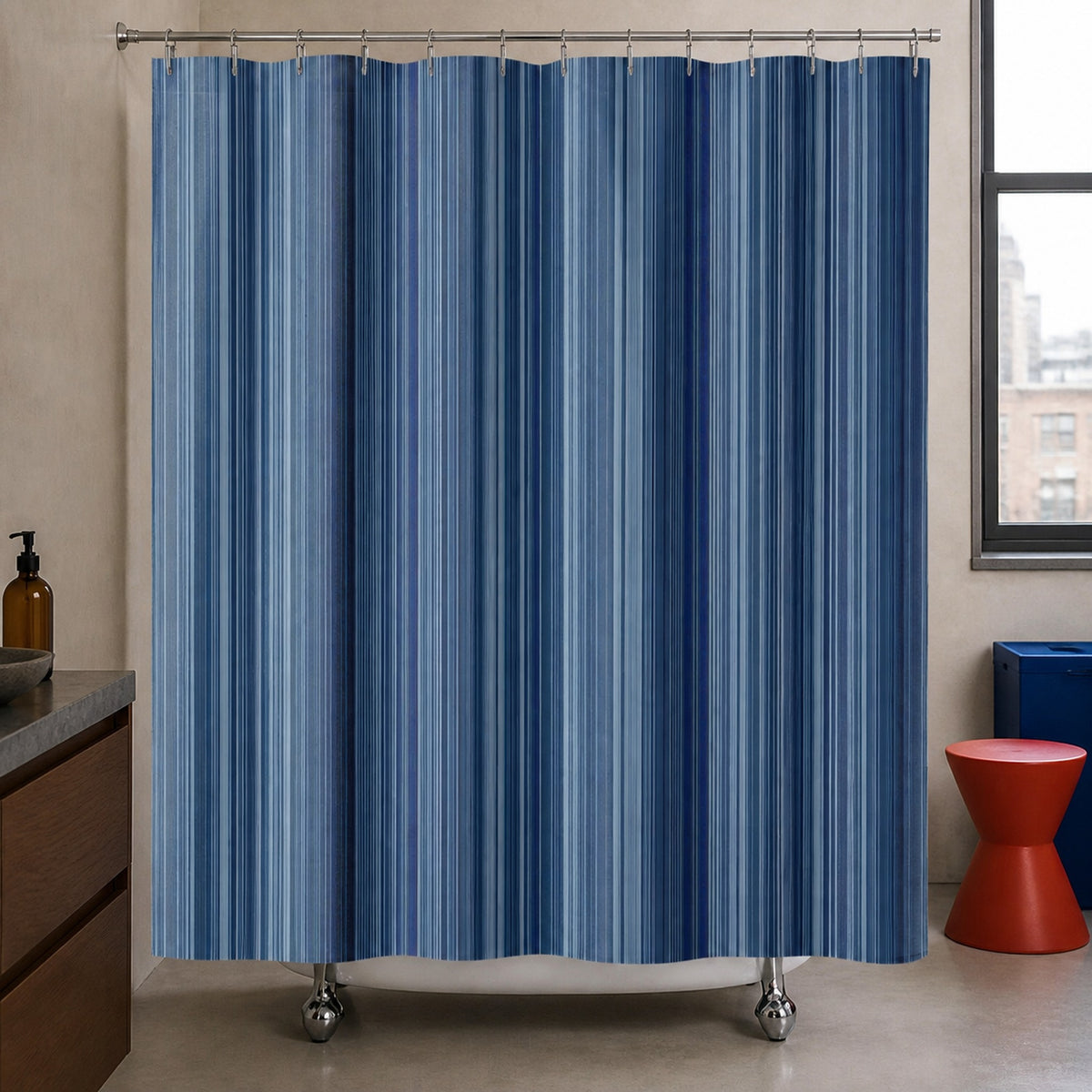 Navy slate dense pinstripe shower curtain in an urban bathroom with walnut and vermilion