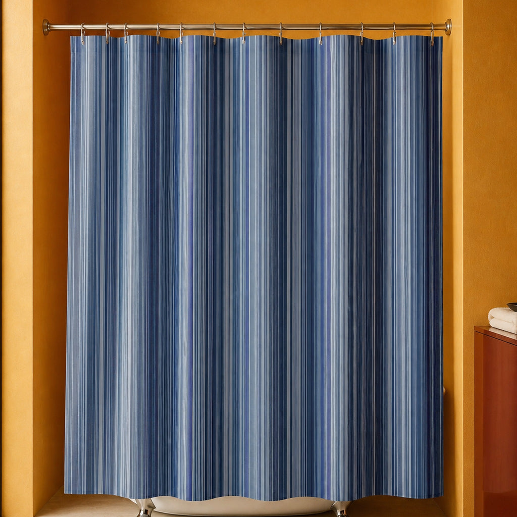 Navy slate pinstripe shower curtain in a saffron designer bathroom with smoke glass