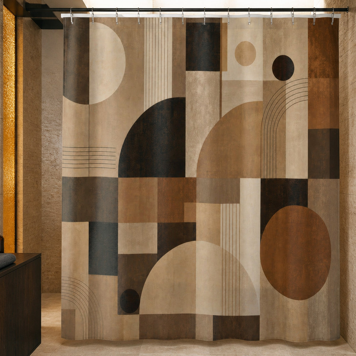 Brown beige geometric block shower curtain in a luxury travertine bathroom with amber glass and smoked oak