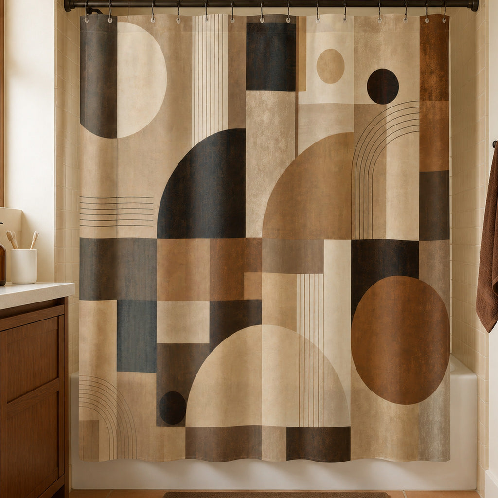 Brown beige geometric block shower curtain in a cream tile bathroom with walnut vanity and clay floor