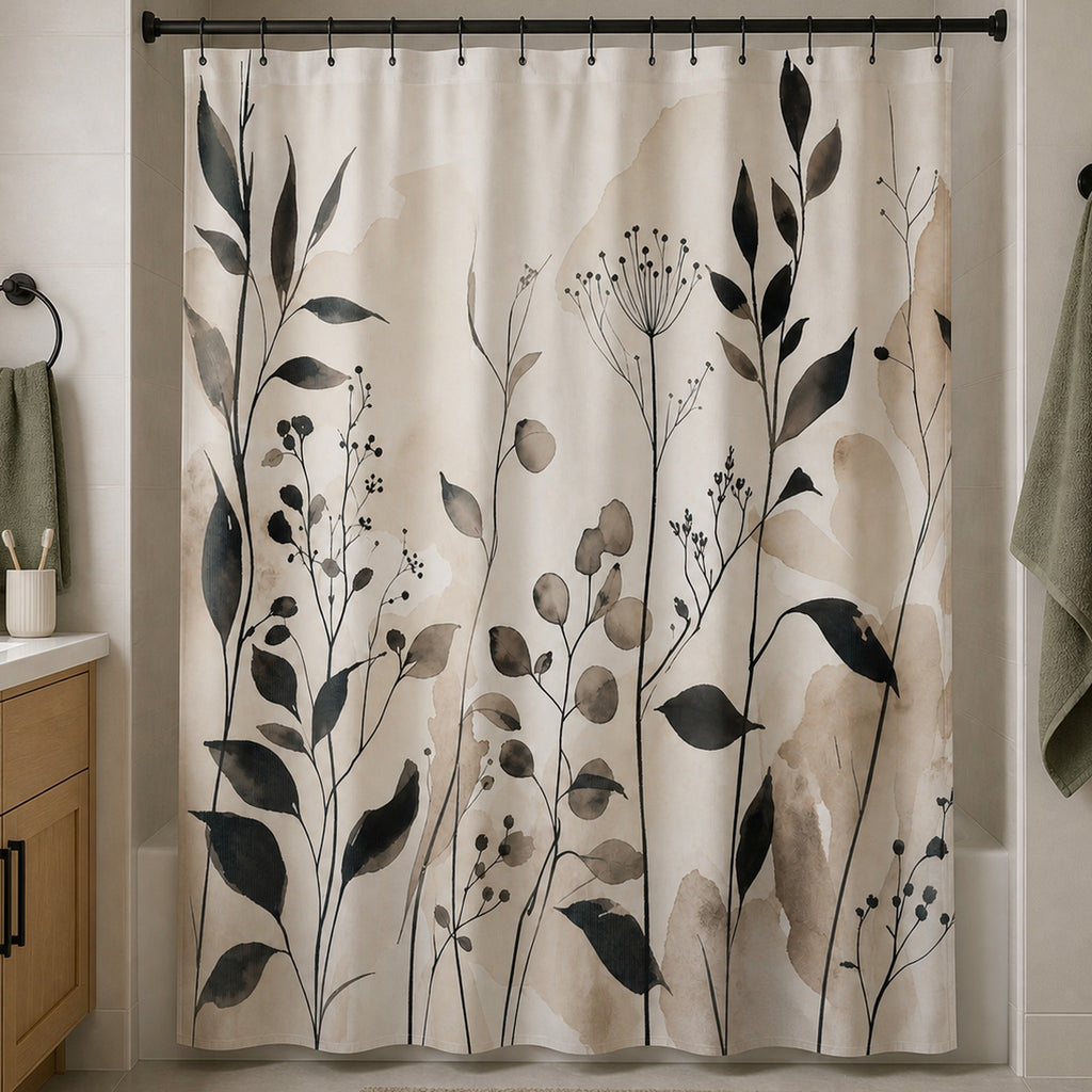 Black beige leaf wildflower shower curtain in a warm white bathroom with pale oak vanity and sage towel