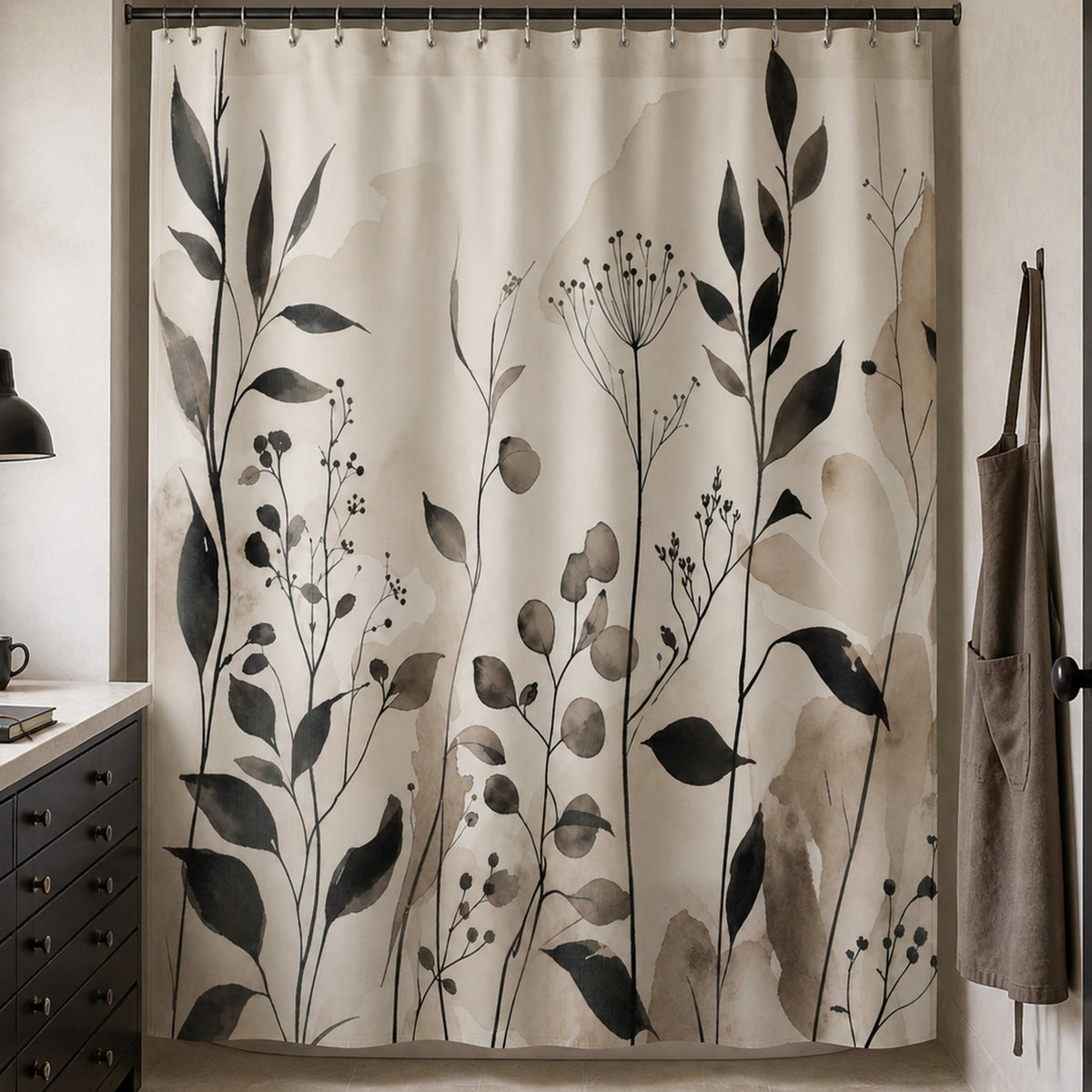 Black beige leaf wildflower shower curtain in a botanical ink illustrator studio bathroom with ebonized flat files