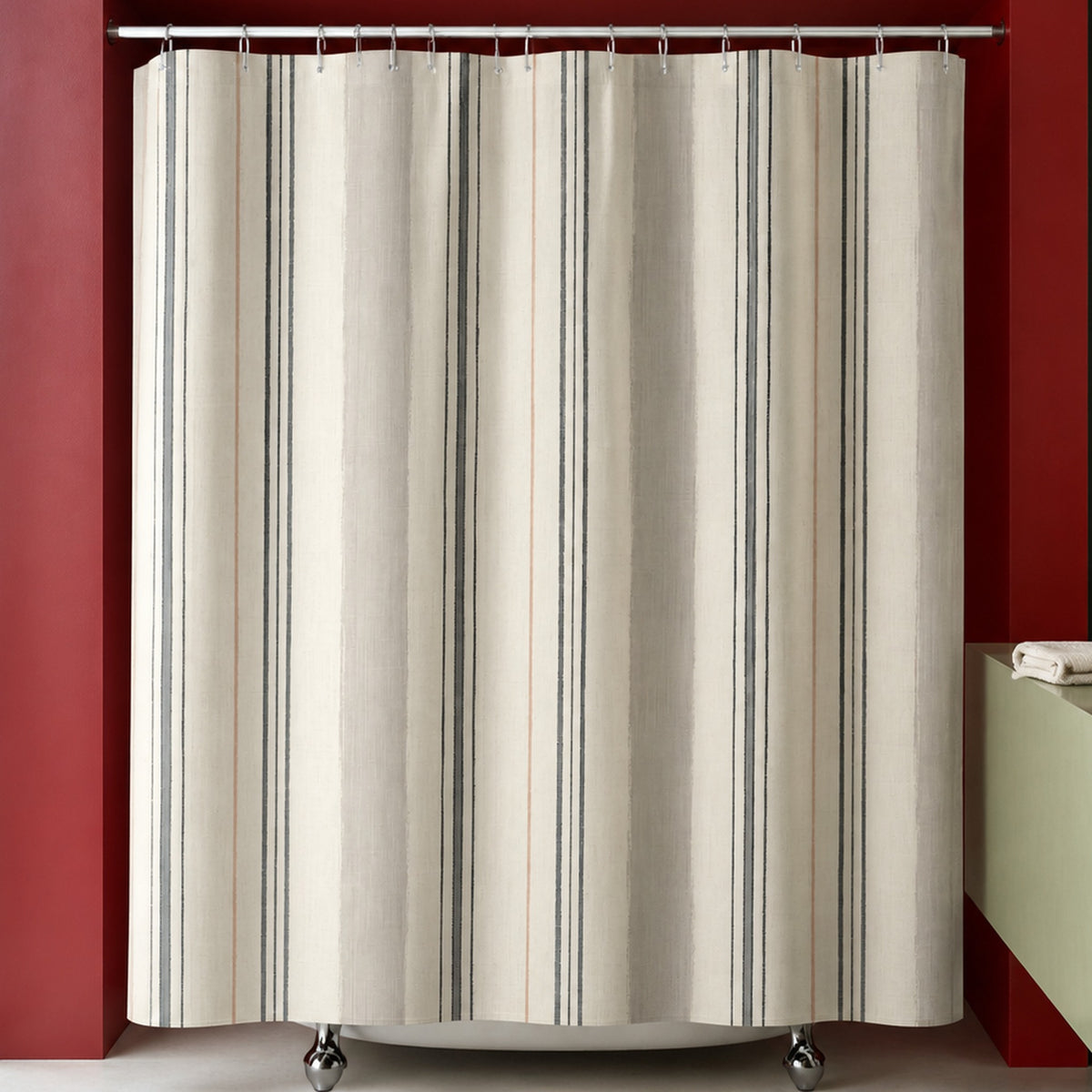 Black cream pinstripe shower curtain in a carmine designer bathroom with cornflower glass