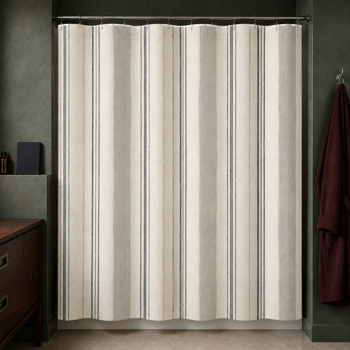 Black cream pinstripe shower curtain in a forest green townhouse bathroom with walnut cabinet
