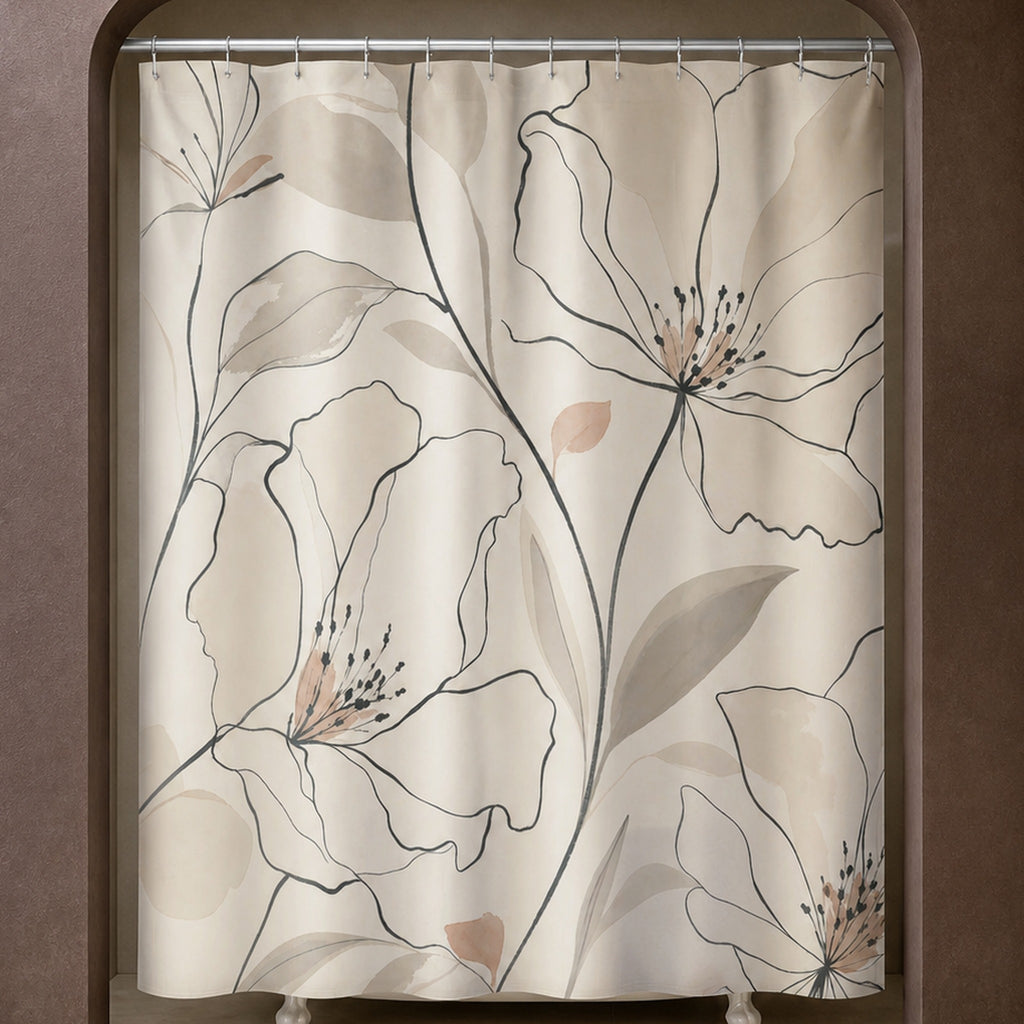 Black beige line art floral shower curtain in a cocoa designer bathroom