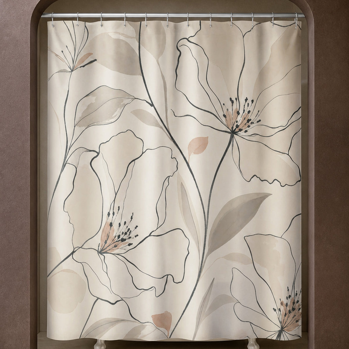 Black beige line art floral shower curtain in a cocoa designer bathroom