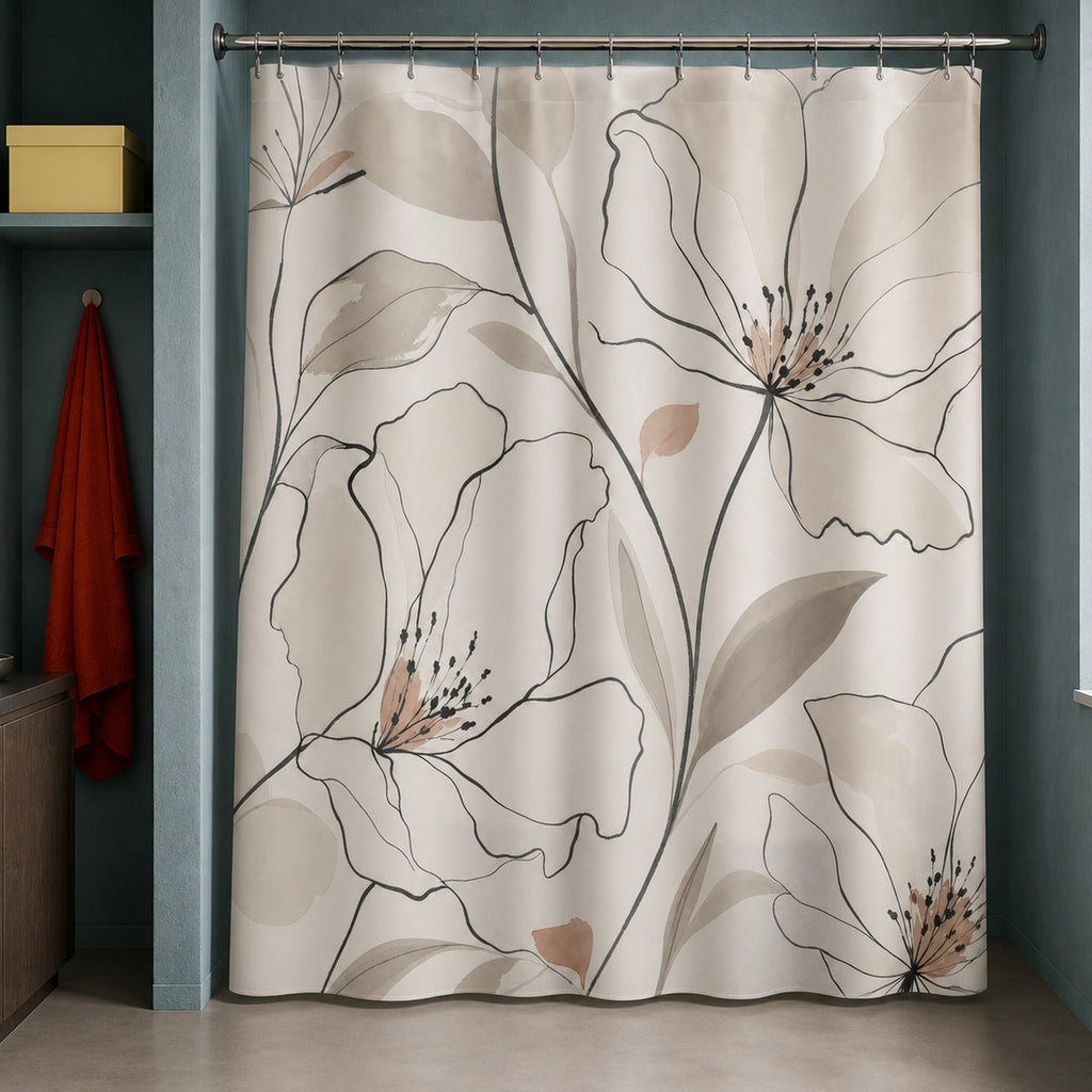 Black beige line art floral shower curtain in a muted teal Copenhagen bathroom