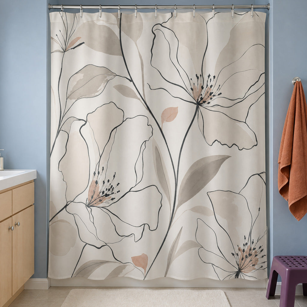 Black beige line art floral shower curtain in a powder blue rental bathroom