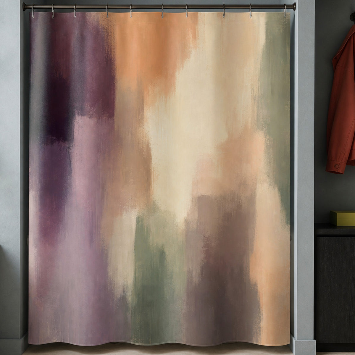 Plum sage abstract shower curtain in a smoke-blue washroom with coral coat and chartreuse case