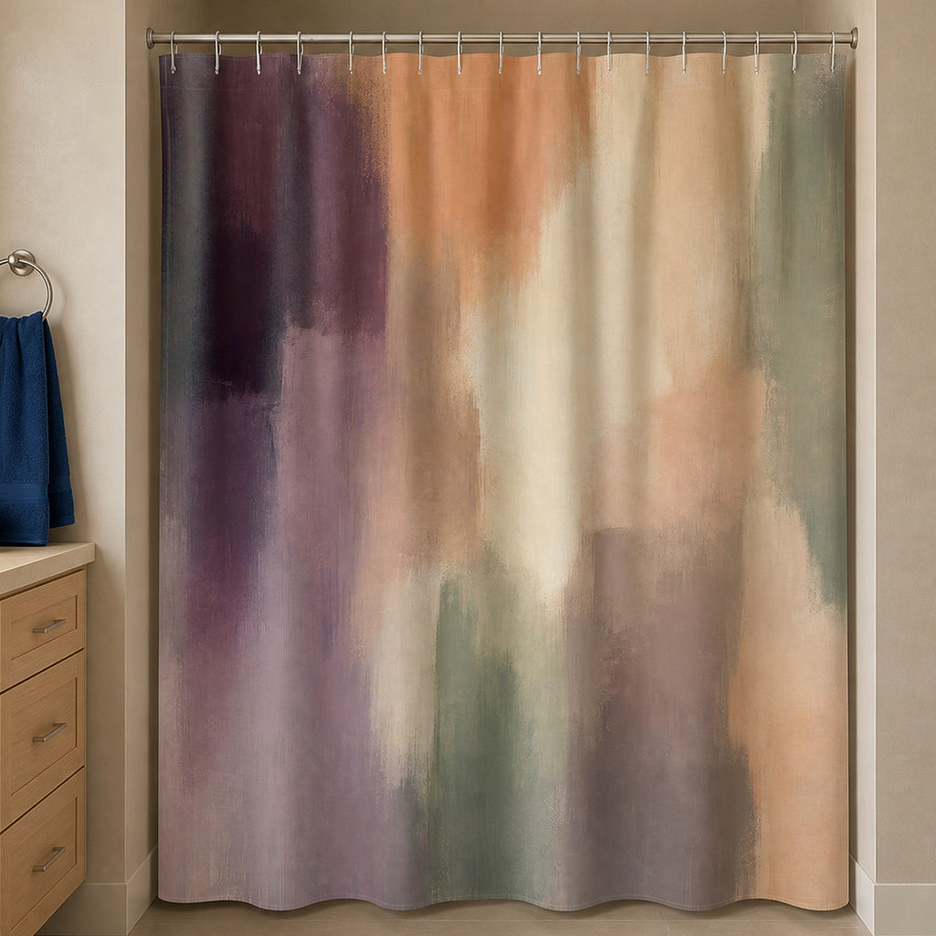 Plum and sage abstract shower curtain in a warm-mushroom bathroom with maple vanity and cobalt towel