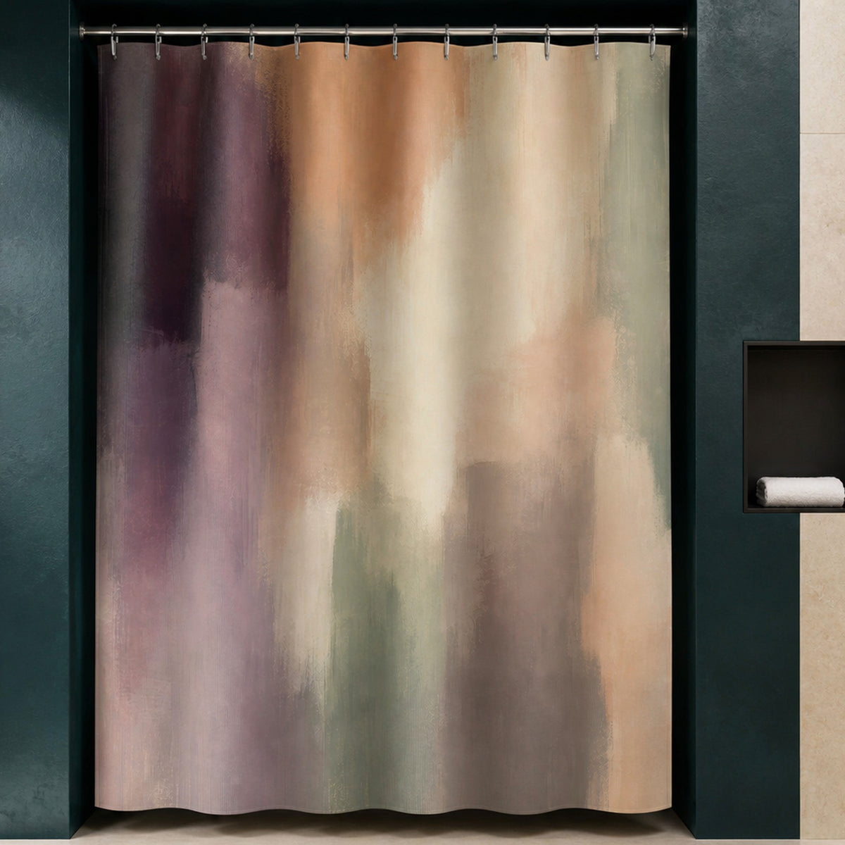 Pastel abstract shower curtain in a luxury peacock-blue bathroom with vermilion glass