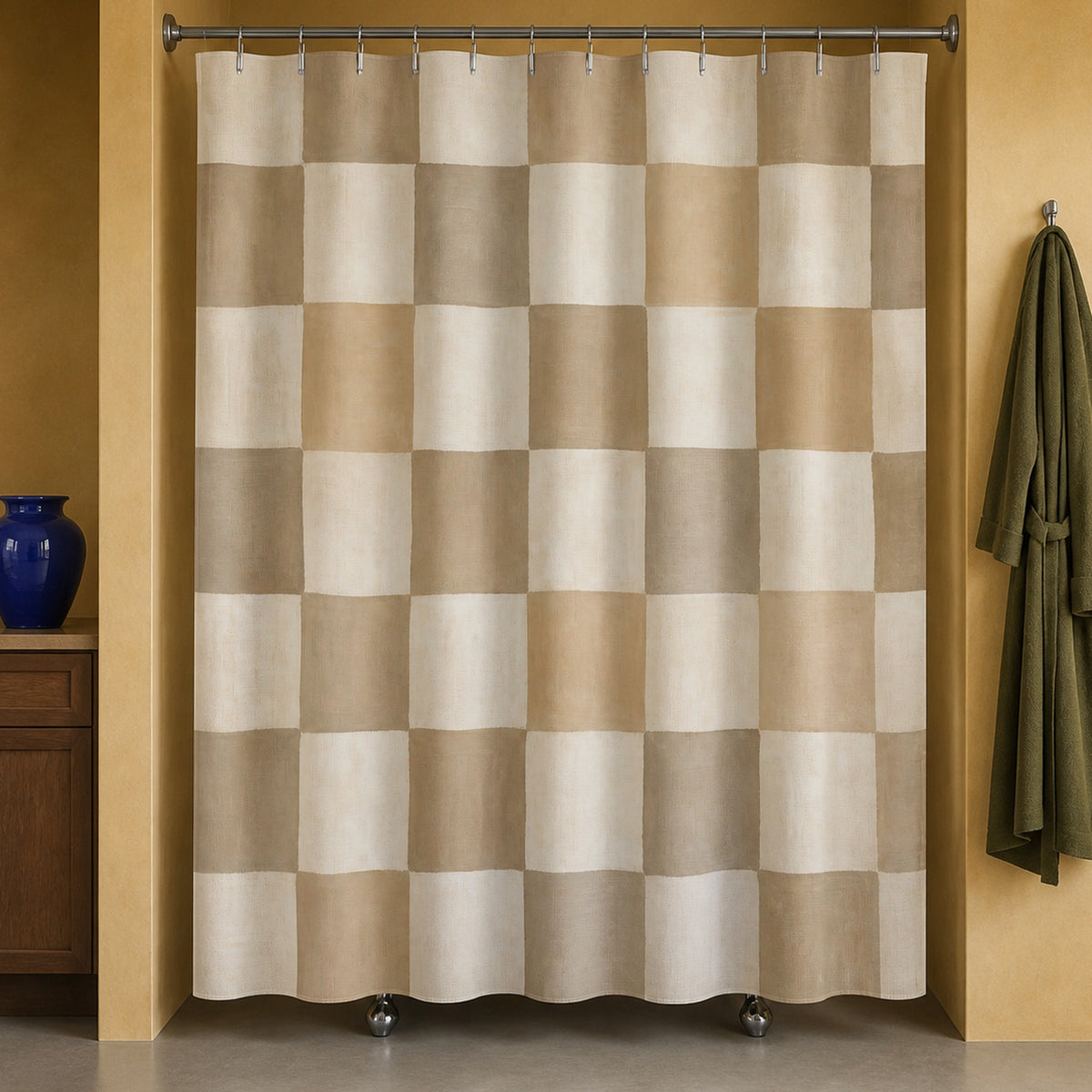 Beige tan checkerboard shower curtain in a saffron folk modern bathroom