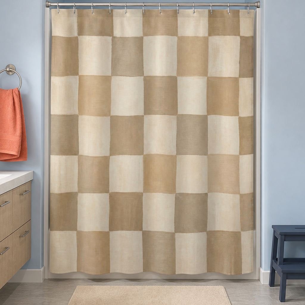 Beige tan checkerboard shower curtain in a pale blue family bathroom