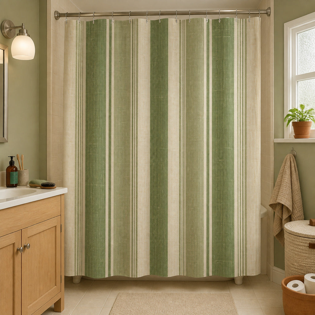 Sage olive cream striped shower curtain in an oak vanity bungalow guest bathroom