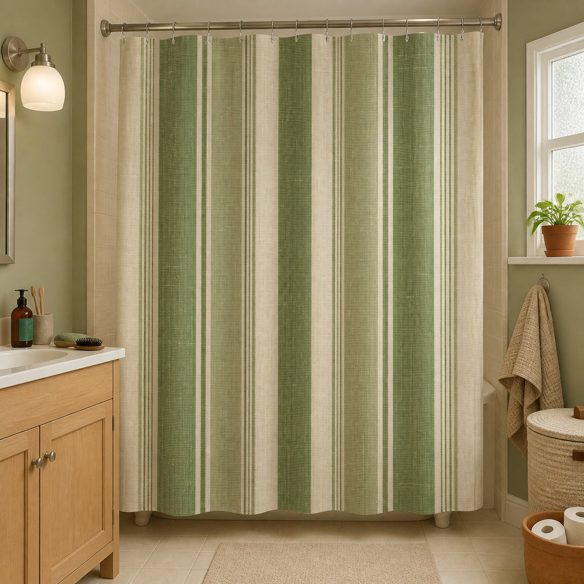 Sage olive cream striped shower curtain in an oak vanity bungalow guest bathroom