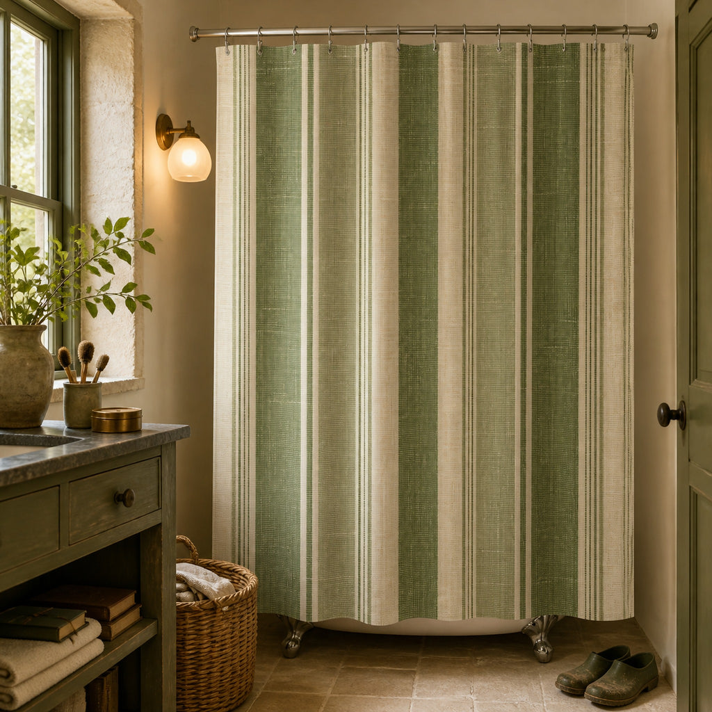 Sage olive cream striped shower curtain in an orchard restorer's stone millhouse bathroom