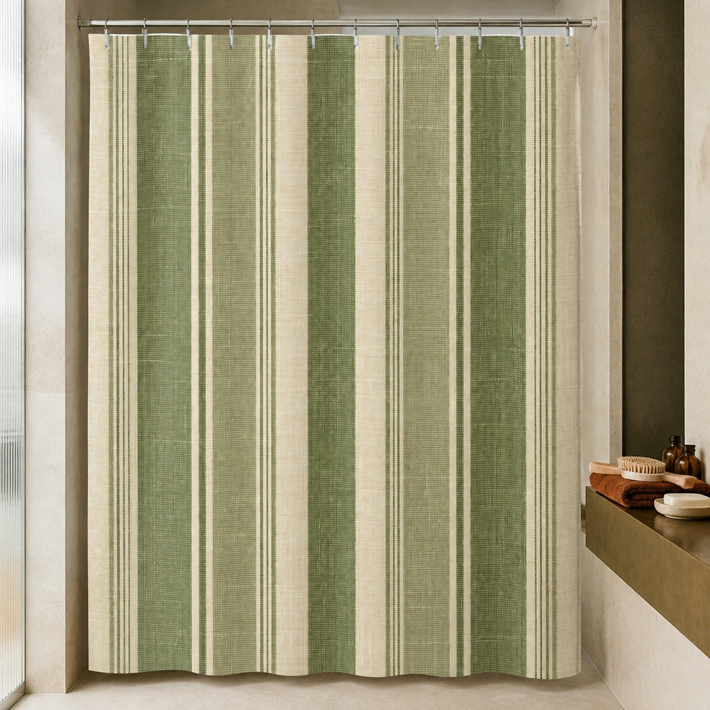 Sage olive cream striped shower curtain in a ribbed glass limestone designer bathroom