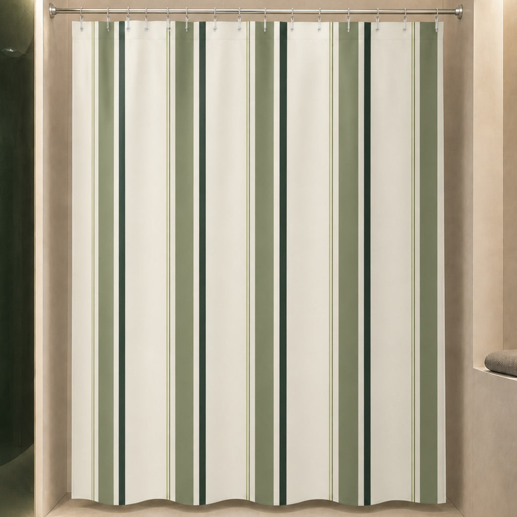 Forest green cream pinstripe shower curtain in a luxury curved plaster bathroom with green glass lightwell and pale limestone