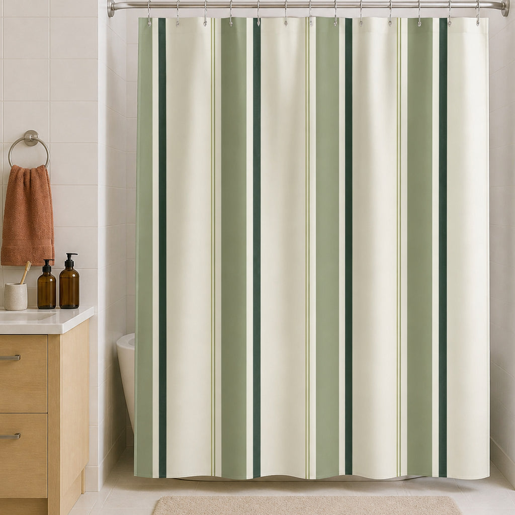 Forest green cream pinstripe shower curtain in a warm white tiled bathroom with birch vanity and solid clay towel