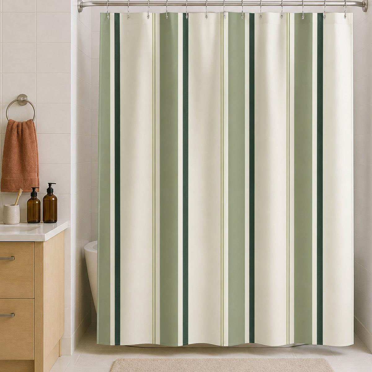 Forest green cream pinstripe shower curtain in a warm white tiled bathroom with birch vanity and solid clay towel