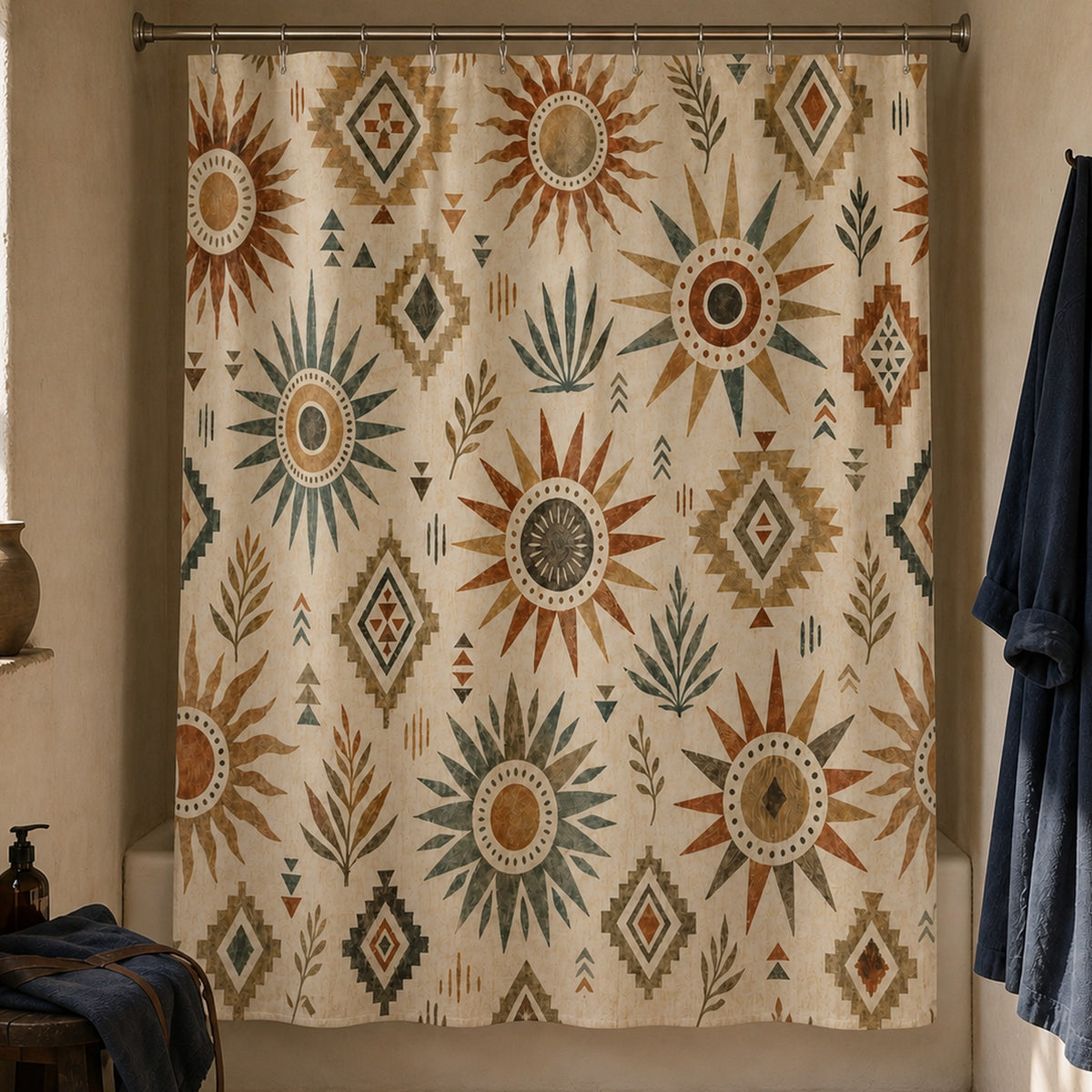Southwestern sun geometric shower curtain in an adobe ceramicist bathroom with indigo robe