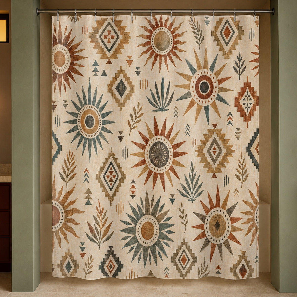 Southwestern sun geometric shower curtain in a sage designer bathroom with oxblood vanity