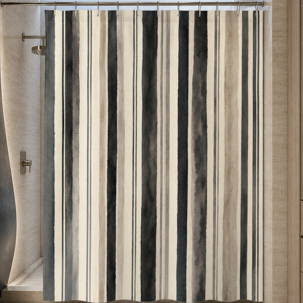 Gray taupe watercolor stripe shower curtain in a luxury smoked glass travertine and graphite bathroom