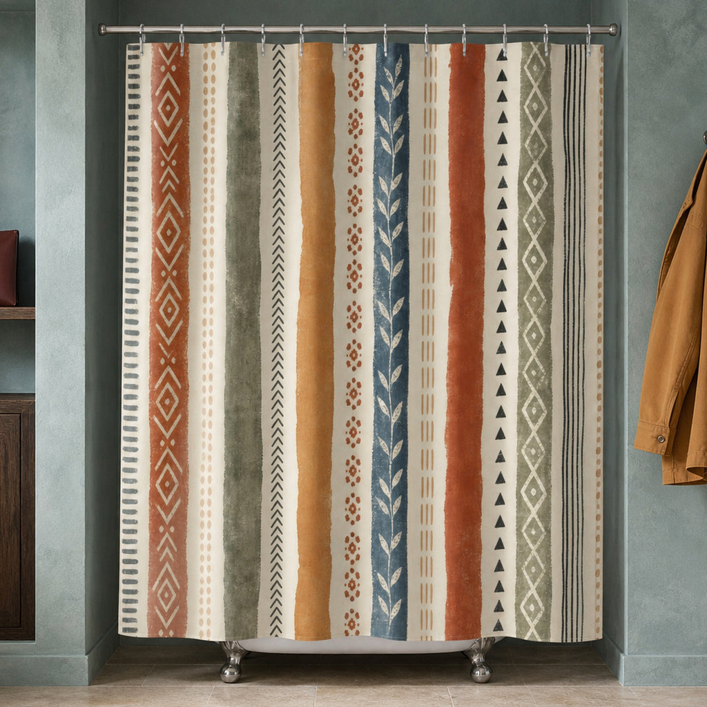 Terracotta sage blue geometric stripe shower curtain in a chalky teal desert architect bathroom