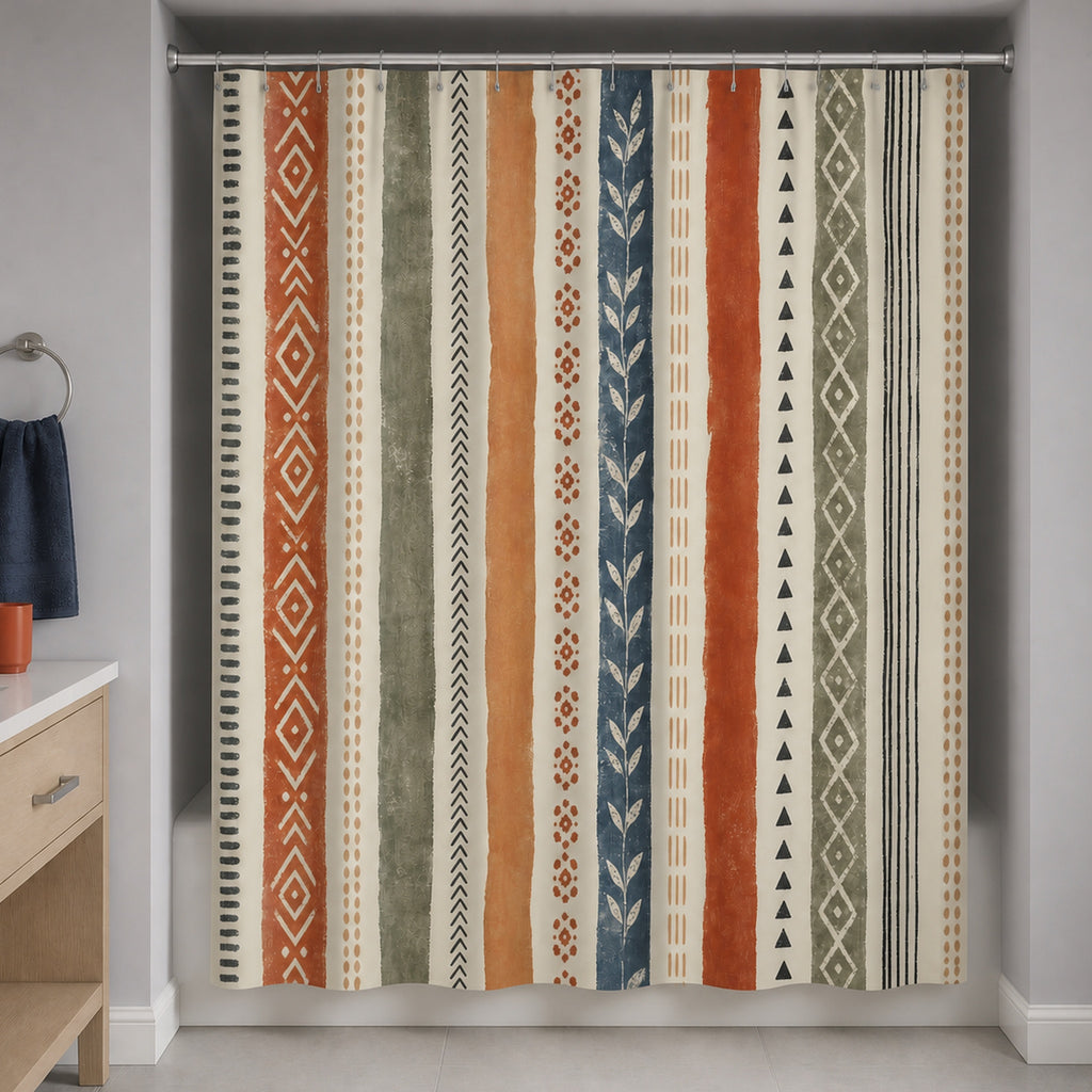 Terracotta sage blue geometric stripe shower curtain in a lavender gray guest bathroom with birch vanity