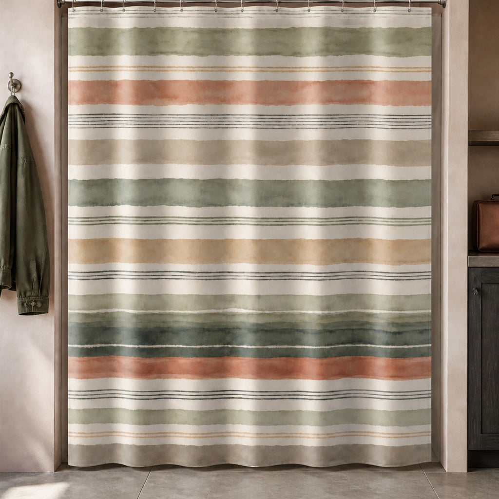 Terracotta sage watercolor stripe shower curtain in a rose ochre adobe bathroom with charcoal oak