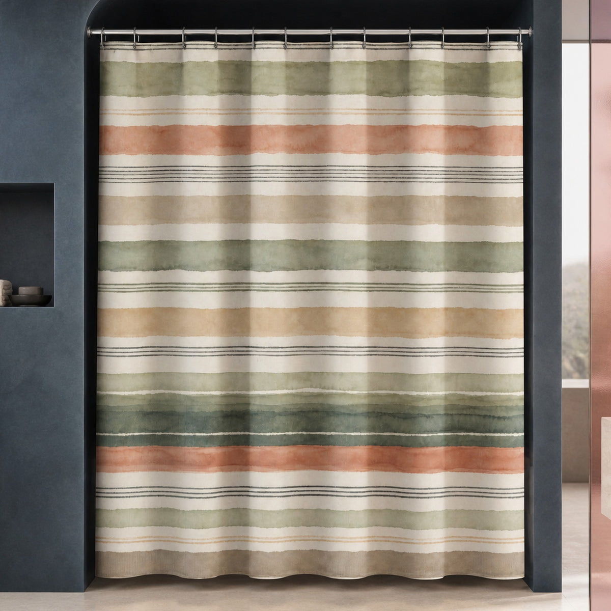 Terracotta sage watercolor stripe shower curtain in a petrol blue designer bathroom with rose glass