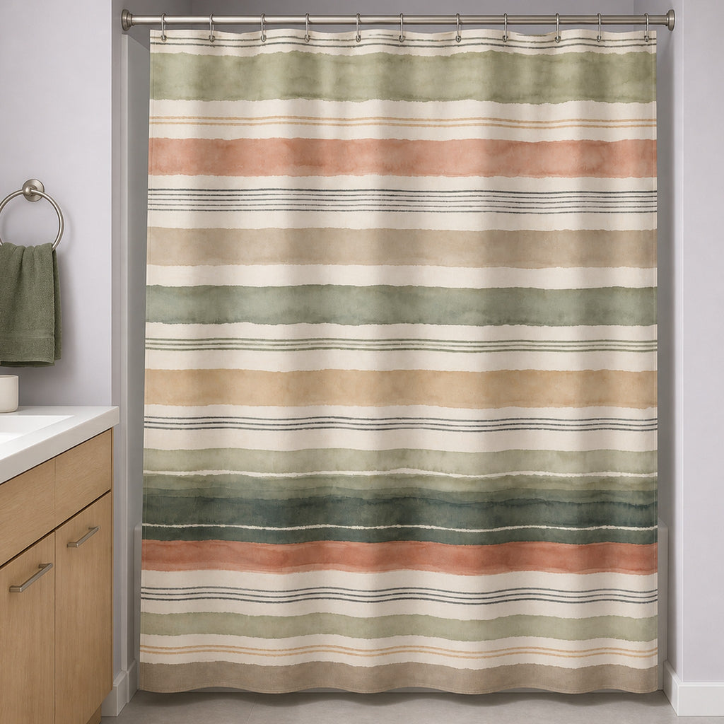 Terracotta sage watercolor stripe shower curtain in a lavender gray bathroom with pale birch vanity