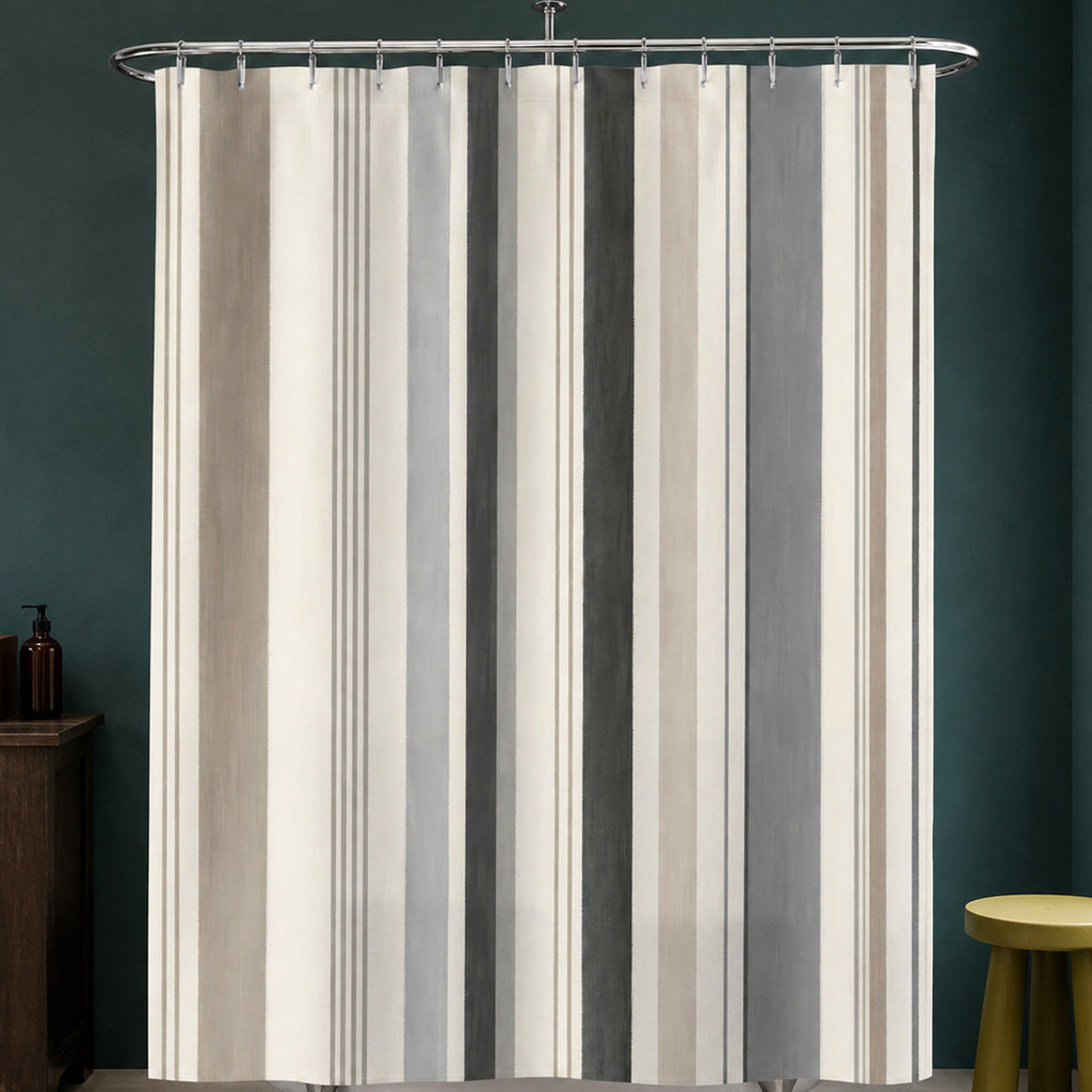 Black beige minimal pinstripe shower curtain in a deep teal bathroom with walnut cabinet