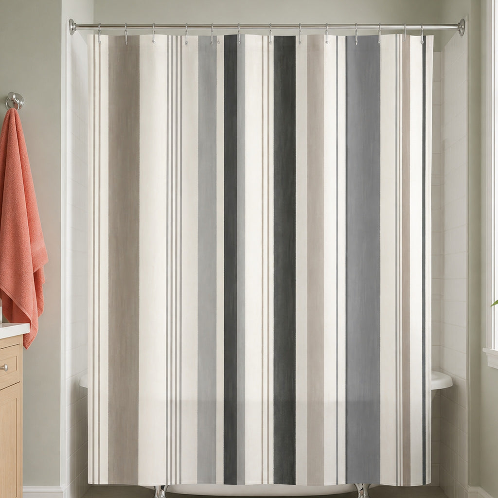 Black beige minimal pinstripe shower curtain in a pale sage bathroom with maple vanity