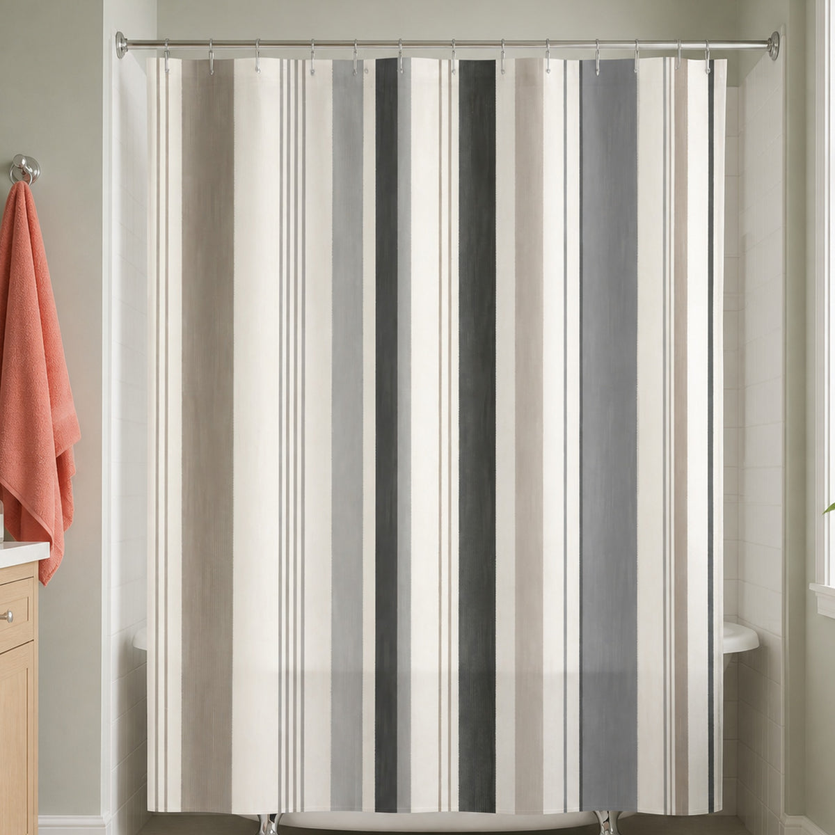 Black beige minimal pinstripe shower curtain in a pale sage bathroom with maple vanity