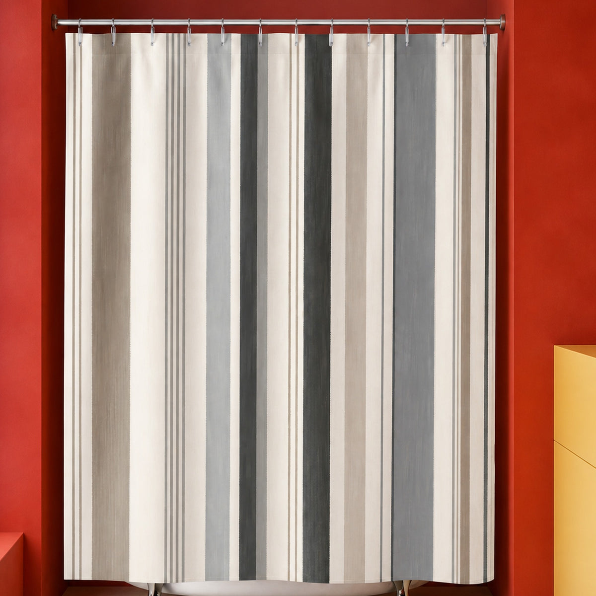 Black beige minimal stripe shower curtain in a vermilion designer bathroom with cobalt glass