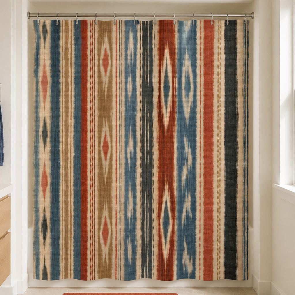 Terracotta and blue ikat stripe shower curtain in a warm-white bathroom with light oak vanity