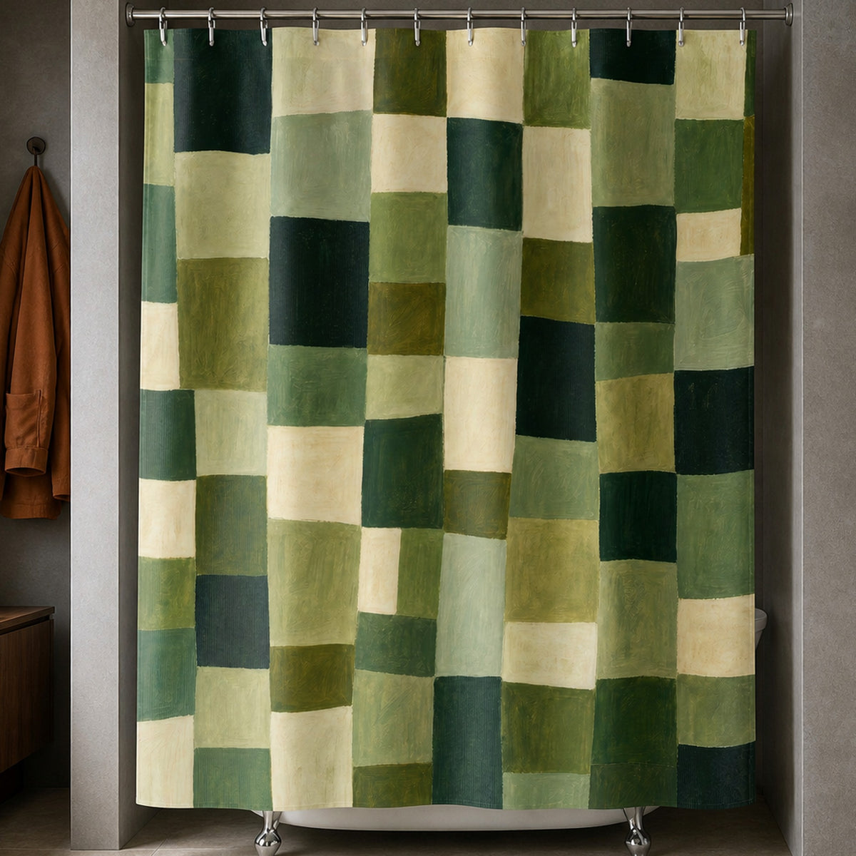 Olive cream patchwork check shower curtain in a modernist printmaker washroom with slate walls and rust jacket