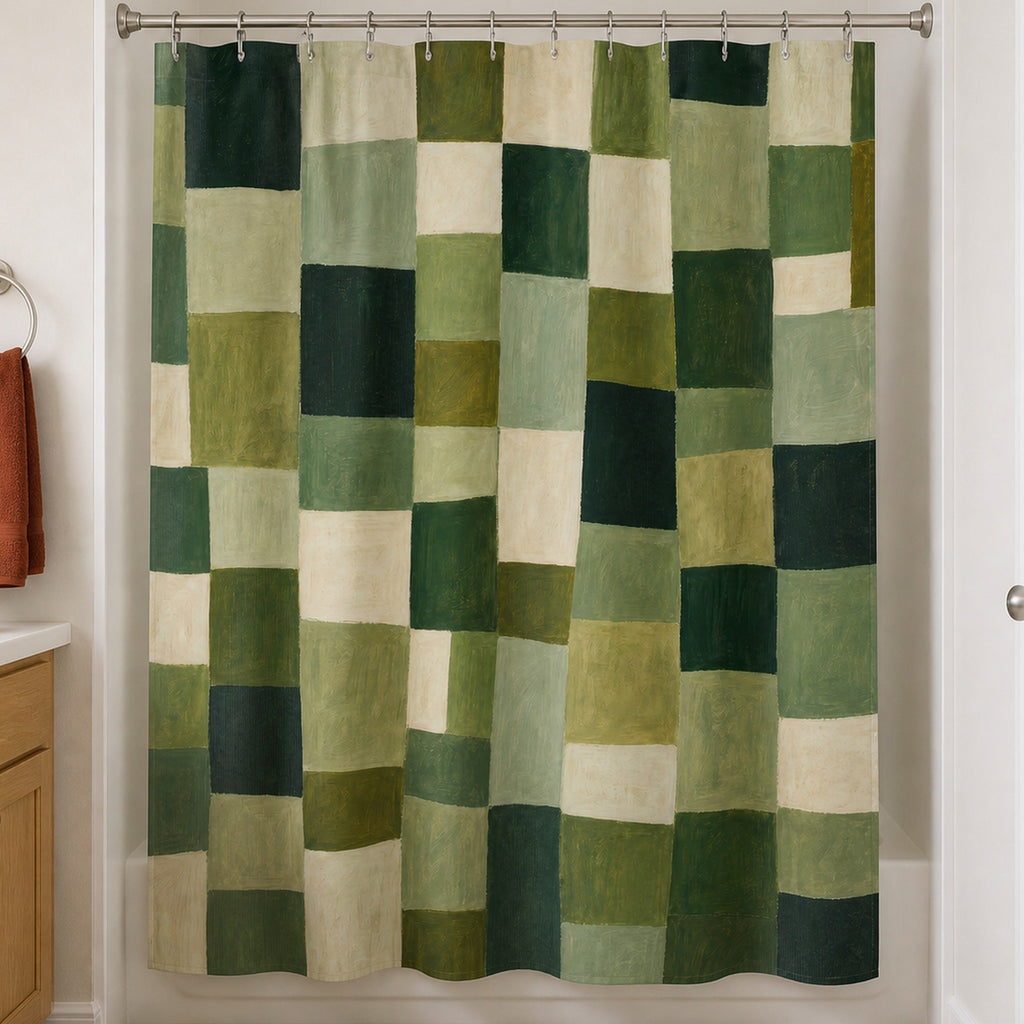 Olive cream patchwork check shower curtain in a warm-white guest bathroom with oak vanity and rust towel