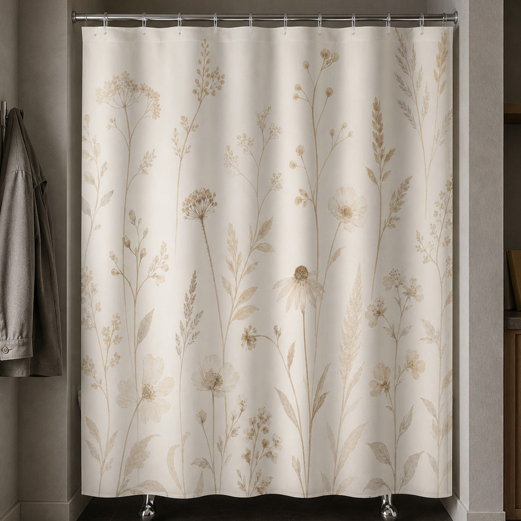 Tall beige wildflower shower curtain in a field naturalist washroom with lichen-gray walls, oak cabinet, and stone jacket