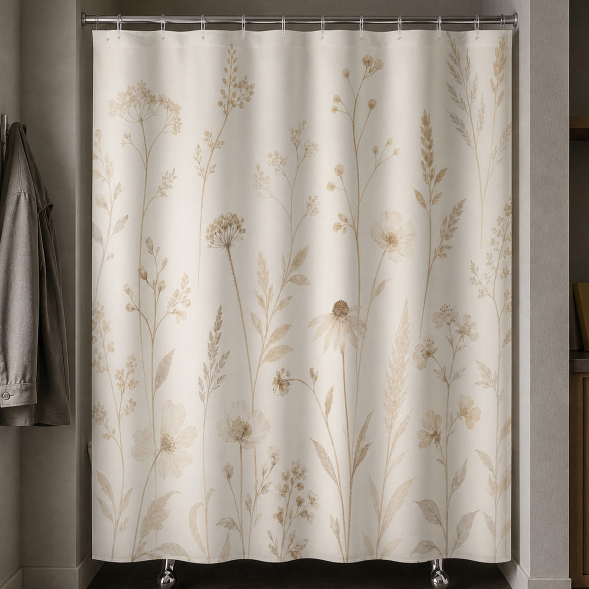 Tall beige wildflower shower curtain in a field naturalist washroom with lichen-gray walls, oak cabinet, and stone jacket