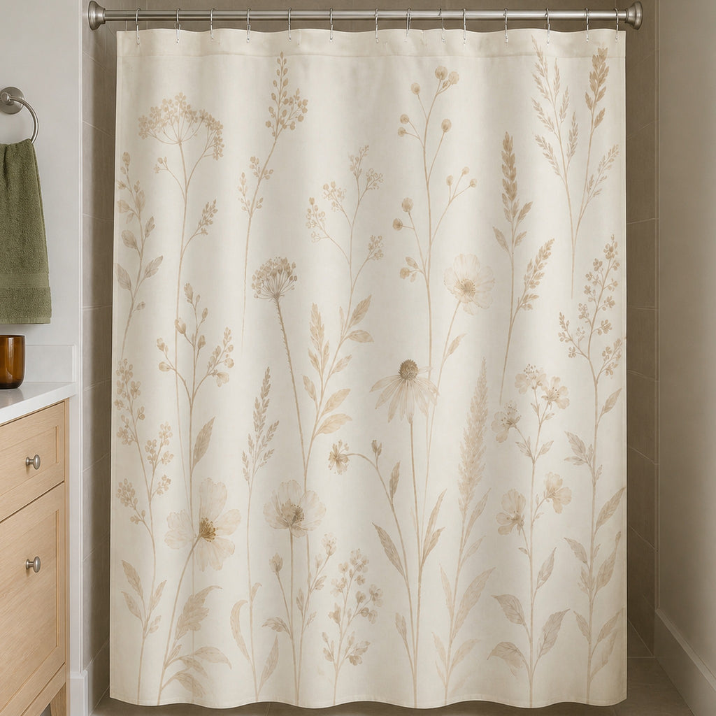 Tall beige wildflower shower curtain in a putty guest bathroom with maple vanity, moss towel, and amber cup