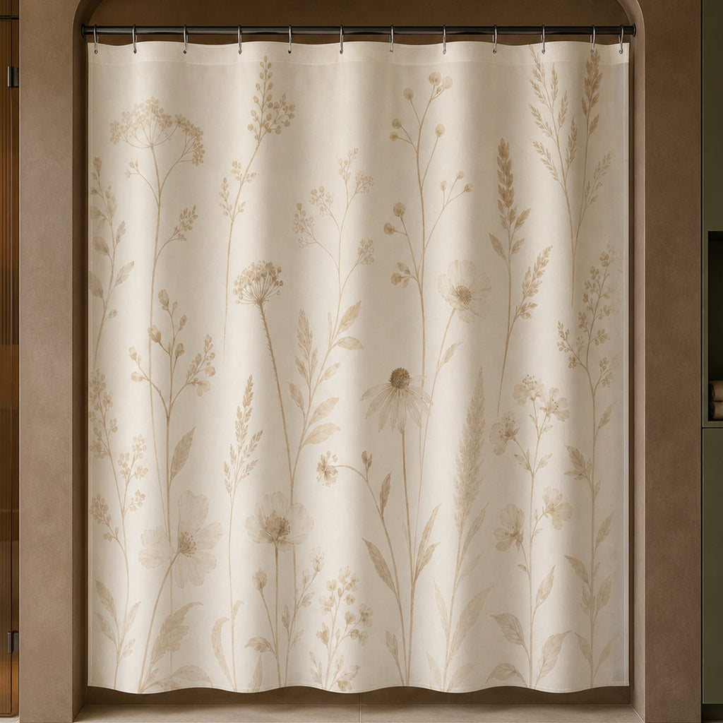 Tall beige wildflower shower curtain in a luxury tobacco plaster bathroom with amber glass and olive lacquer