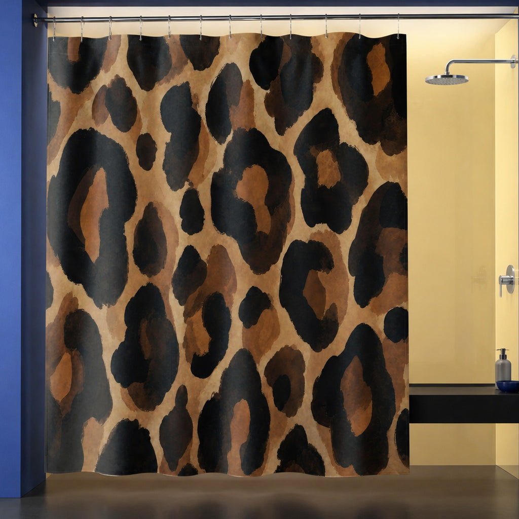 Black brown leopard shower curtain in a cobalt blue designer bathroom