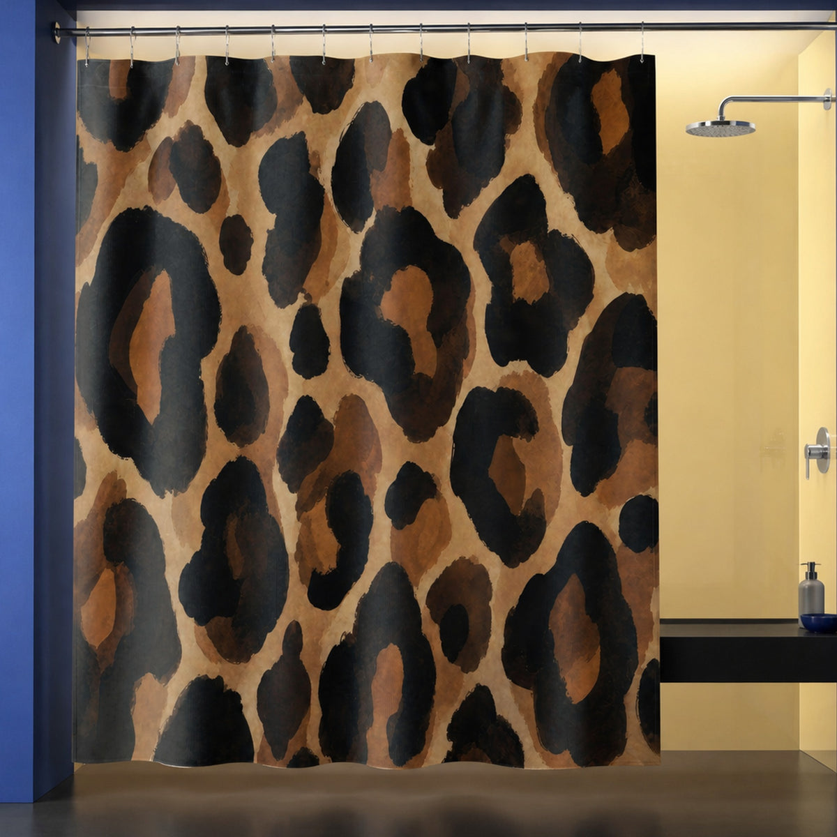 Black brown leopard shower curtain in a cobalt blue designer bathroom